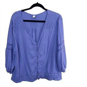 Old Navy XL Top Crotchet Pleated Linen Blend 3/4 Sleeve Women Button Up Lace